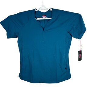 Koi Lite Womens Stretch Scrub Top Caribbean Blue Short Sleeve Size Large